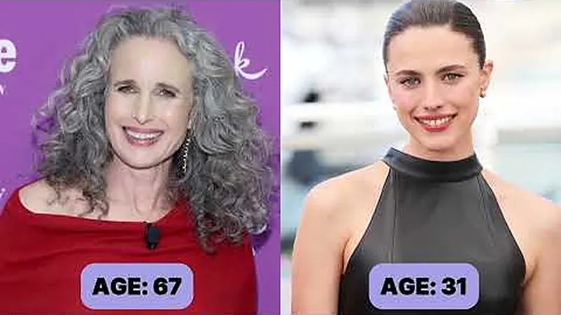 A publicity still from 1988 next to a red carpet photo from 2024, both at twenty-two.